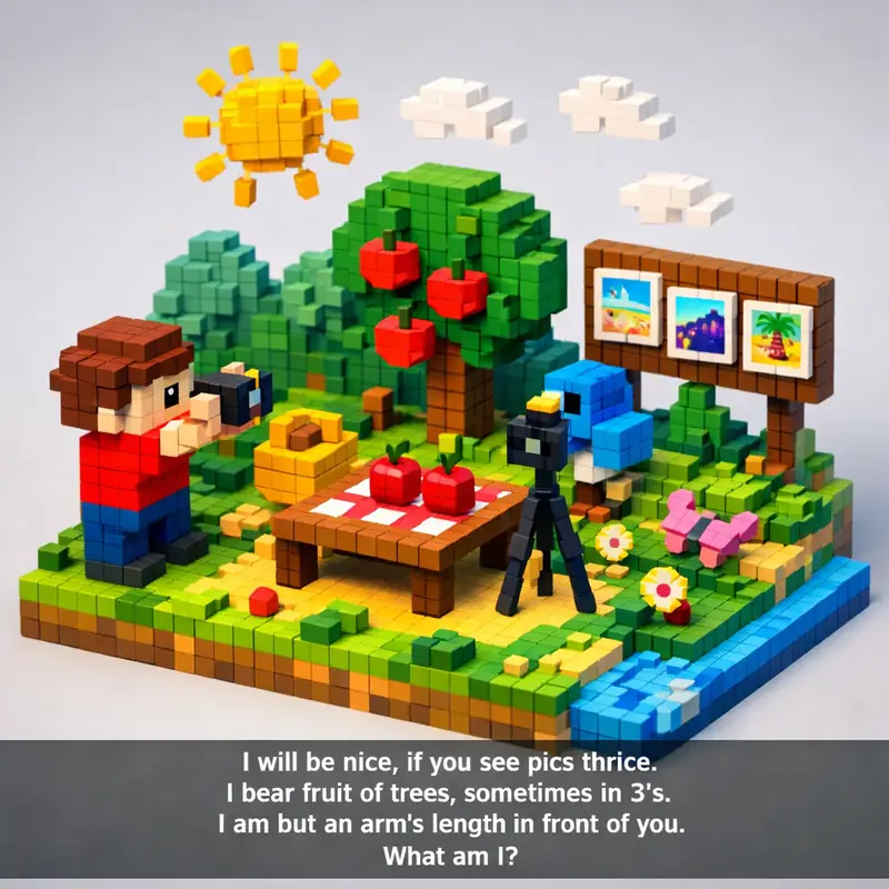 Illustration for riddle: I will be nice, if you see pics thrice.
I bear fruit of trees, sometimes in 3's.
I am but an arm's l