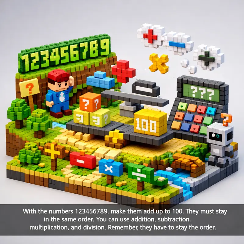 Illustration for riddle: With the numbers 123456789, make them add up to 100. They must stay in the same order. You can use a