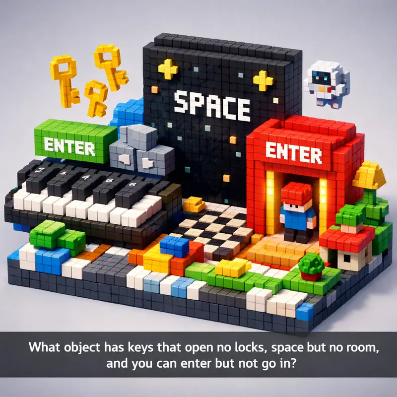 Illustration for riddle: What object has keys that open no locks, space but no room, and you can enter but not go in?