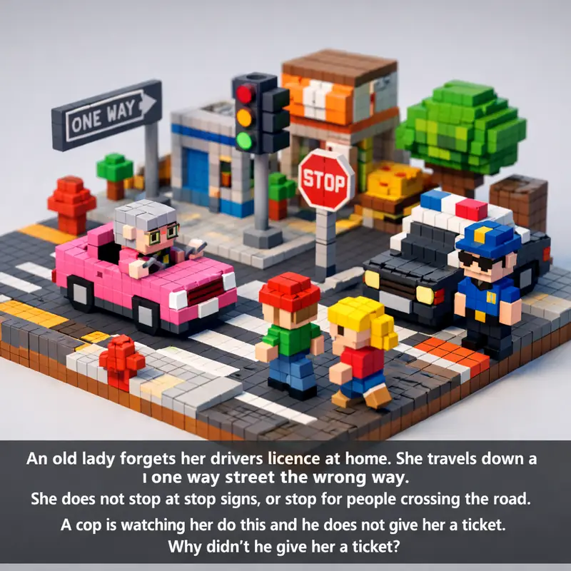 Illustration for riddle: An old lady forgets her drivers licence at home. She travels down a one way street the wrong way. Sh