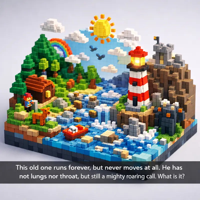 Illustration for riddle: This old one runs forever, but never moves at all. He has not lungs nor throat, but still a mighty r