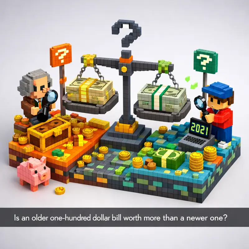 Illustration for riddle: Is an older one-hundred dollar bill worth more than a newer one?