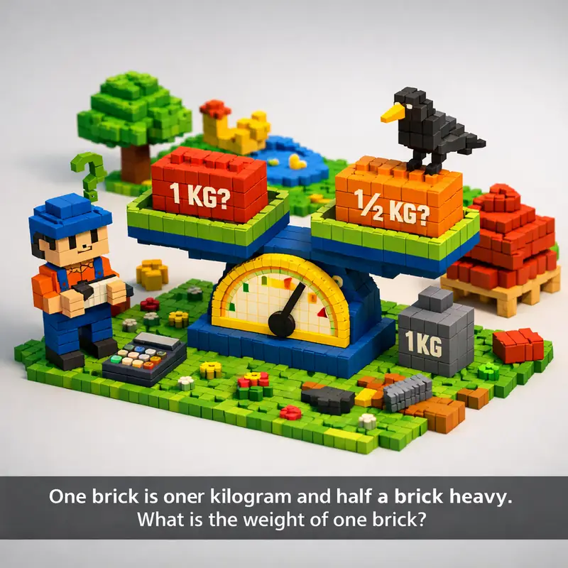 One brick is one kilogram and half a brick heavy. What is the weight of one bric...