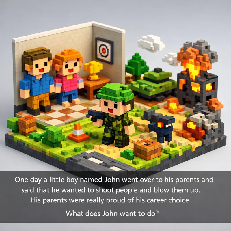 Illustration for riddle: One day a little boy named John went over to his parents and said that he wanted to shoot people and