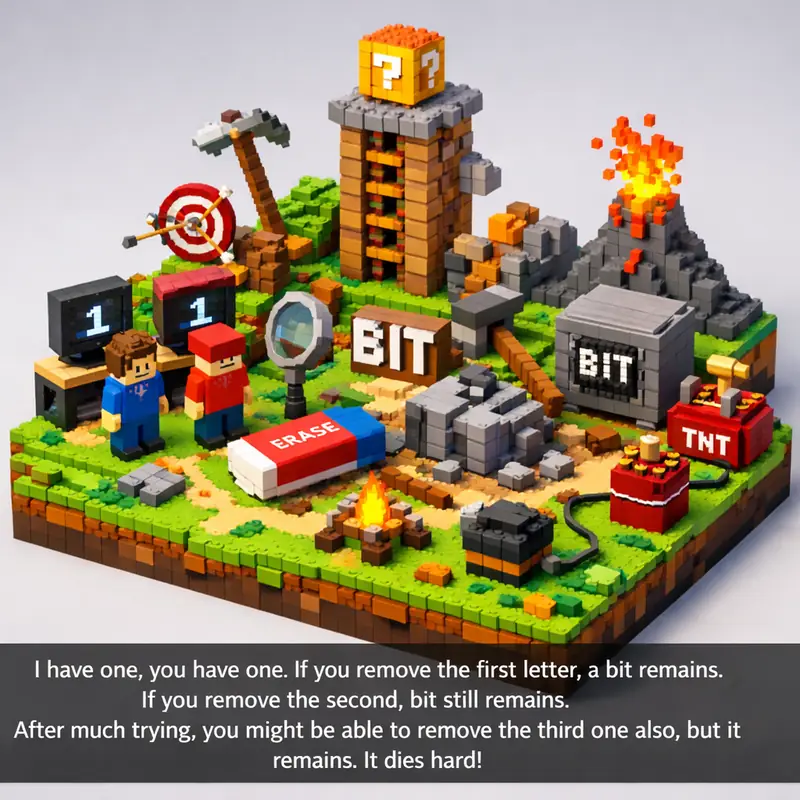 Illustration for riddle: I have one, you have one. If you remove the first letter, a bit remains. If you remove the second, b