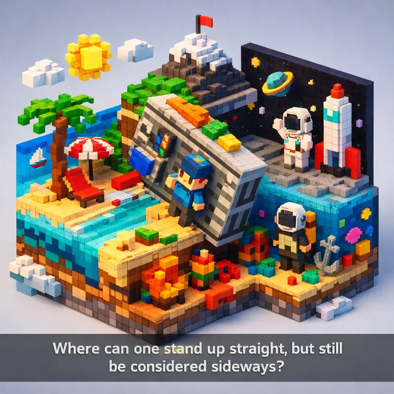 Illustration for riddle: Where can one stand up straight, but still be considered sideways?