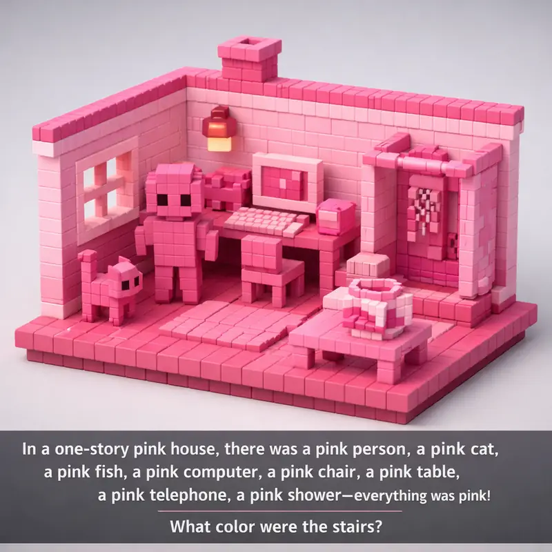Illustration for riddle: In a one-story pink house, there was a pink person, a pink cat, a pink fish, a pink computer, a pink