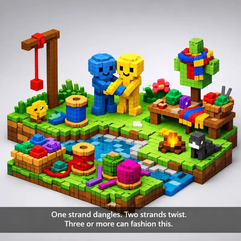 Illustration for riddle: One strand dangles. Two strands twist. Three or more can fashion this.