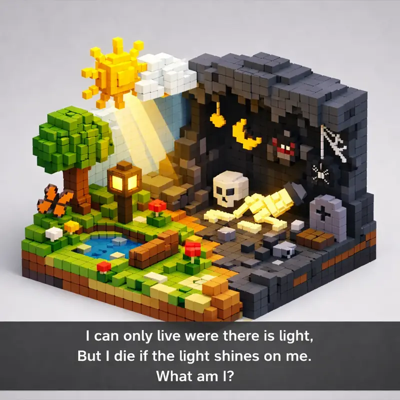 Illustration for riddle: I can only live were there is light, But I die if the light shines on me. What am I?