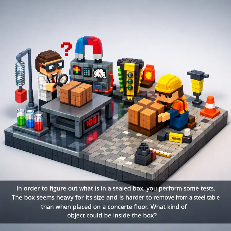 Illustration for riddle: In order to figure out what is in a sealed box, you perform some tests. The box seems heavy for its