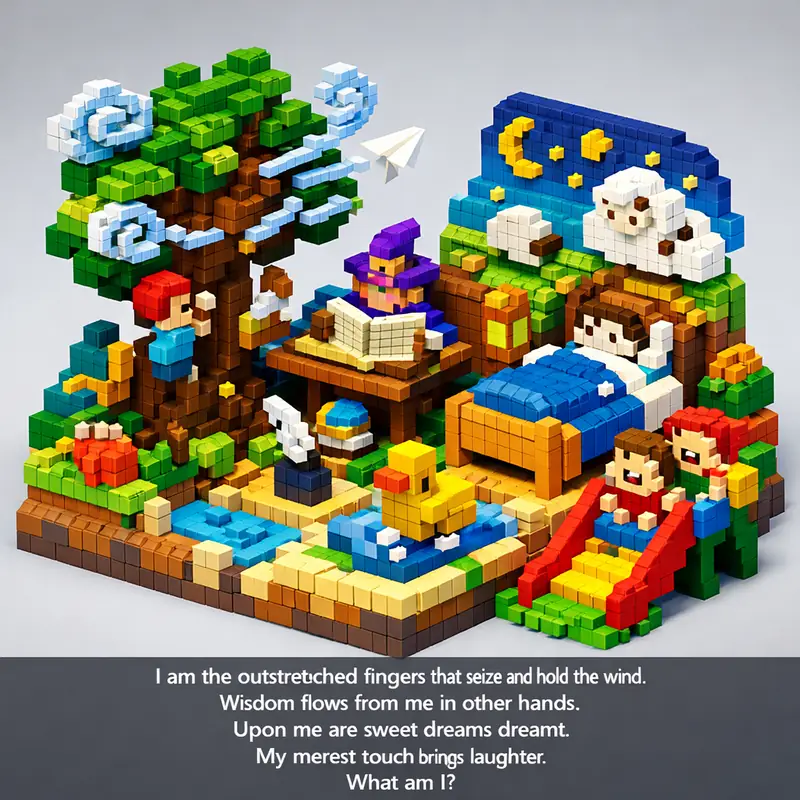 Illustration for riddle: I am the outstretched fingers
that seize and hold the wind.
Wisdom flows from me in other hands.
Upo