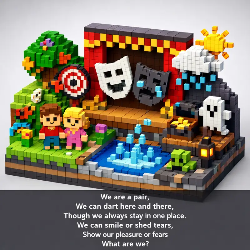 Illustration for riddle: We are a pair,
We can dart here and there,
Though we always stay in one place.
We can smile or sh