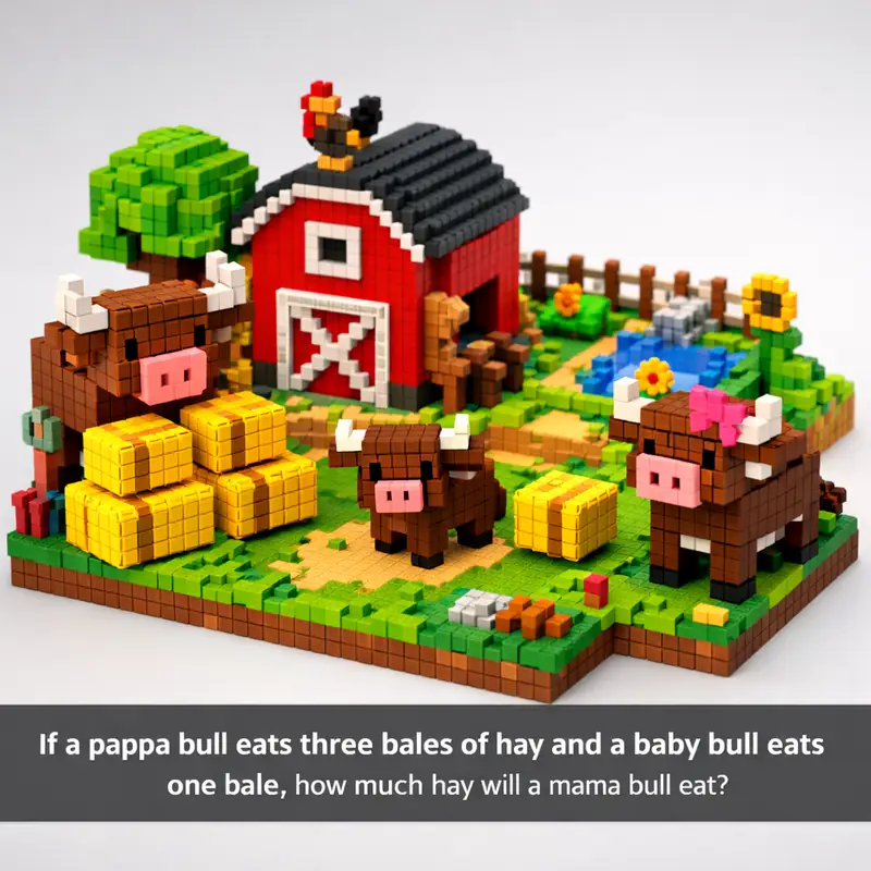 Illustration for riddle: If a papa bull eats three bales of hay and a baby bull eats one bale, how much hay will a mama bull