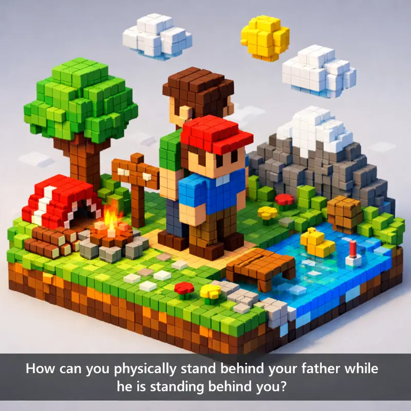 How can you physically stand behind your father while he is standing behind you?