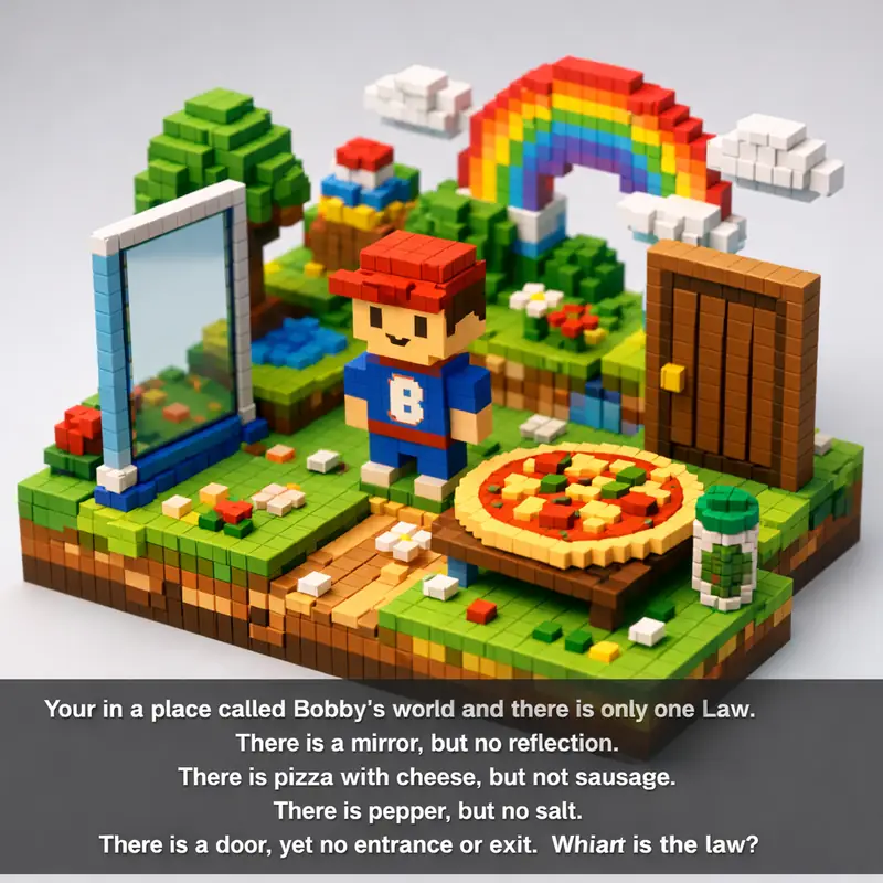 Illustration for riddle: Your in a place called Bobby's world and there is only one Law. There is a mirror, but no reflection