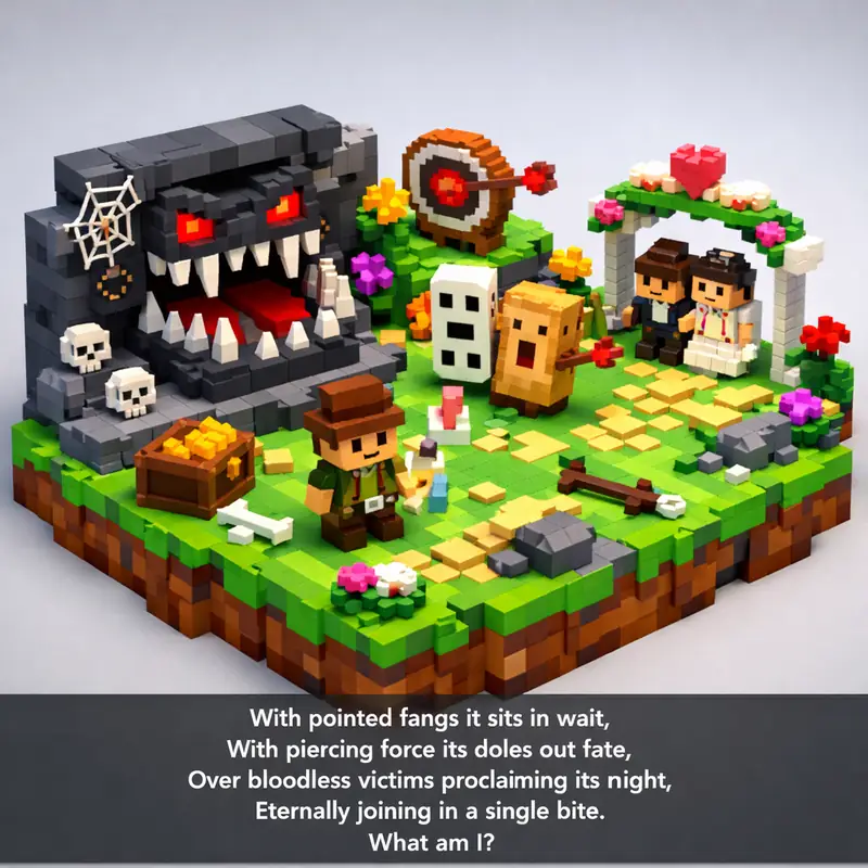 Illustration for riddle: With pointed fangs it sits in wait,
With piercing force its doles out fate,
Over bloodless victims