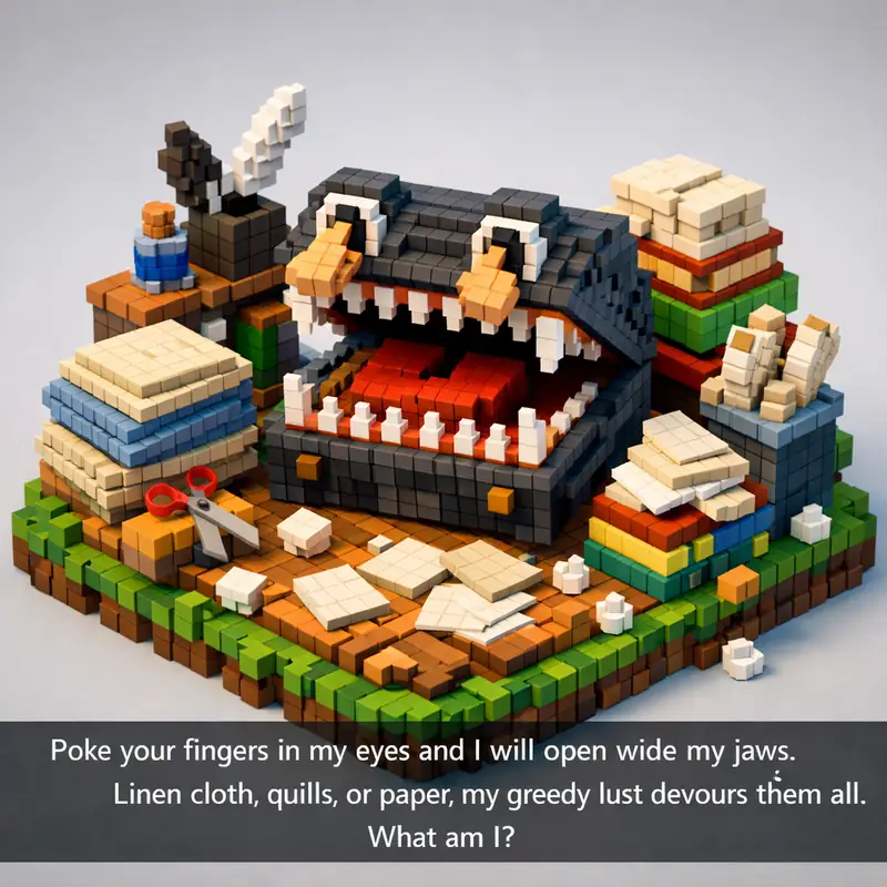 Illustration for riddle: Poke your fingers in my eyes and I will open wide my jaws. Linen cloth, quills, or paper, my greedy