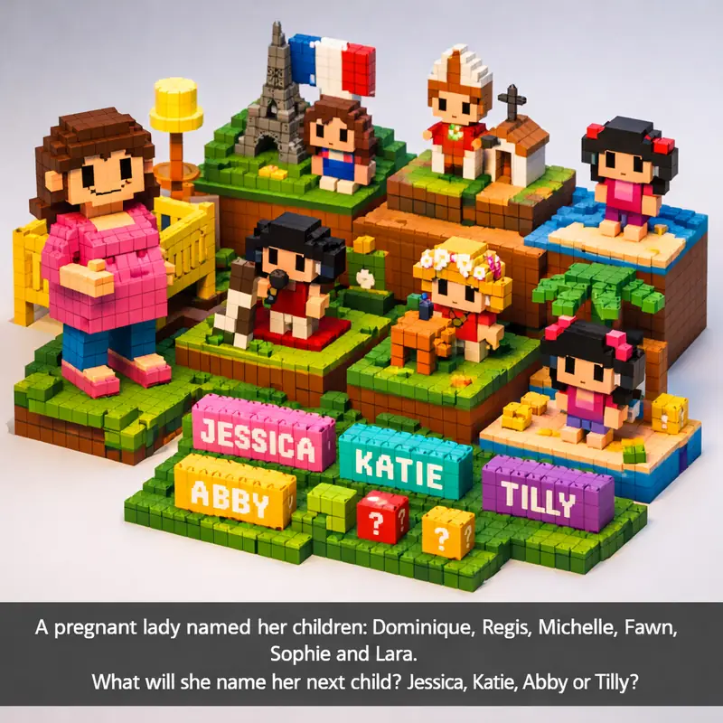 Illustration for riddle: A pregnant lady named her children: Dominique, Regis, Michelle, Fawn, Sophie and Lara. What will she