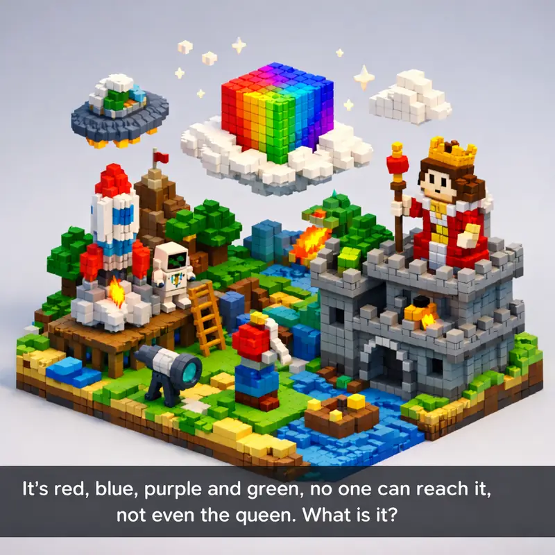 Illustration for riddle: It's red, blue, purple and green, no one can reach it, not even the queen. What is it?