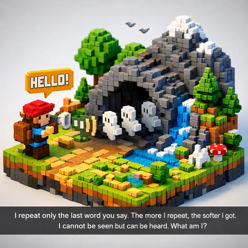 Illustration for riddle: I repeat only the last word you say. The more I repeat, the softer I got. I cannot be seen but can b