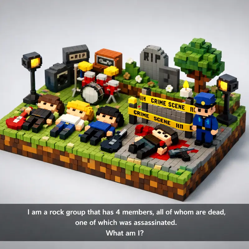 Illustration for riddle: I am a rock group that has 4 members, all of whom are dead, one of which was assassinated.
What am