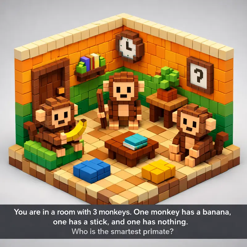 Illustration for riddle: You are in a room with 3 monkeys. One monkey has a banana, one has a stick, and one has nothing. Who