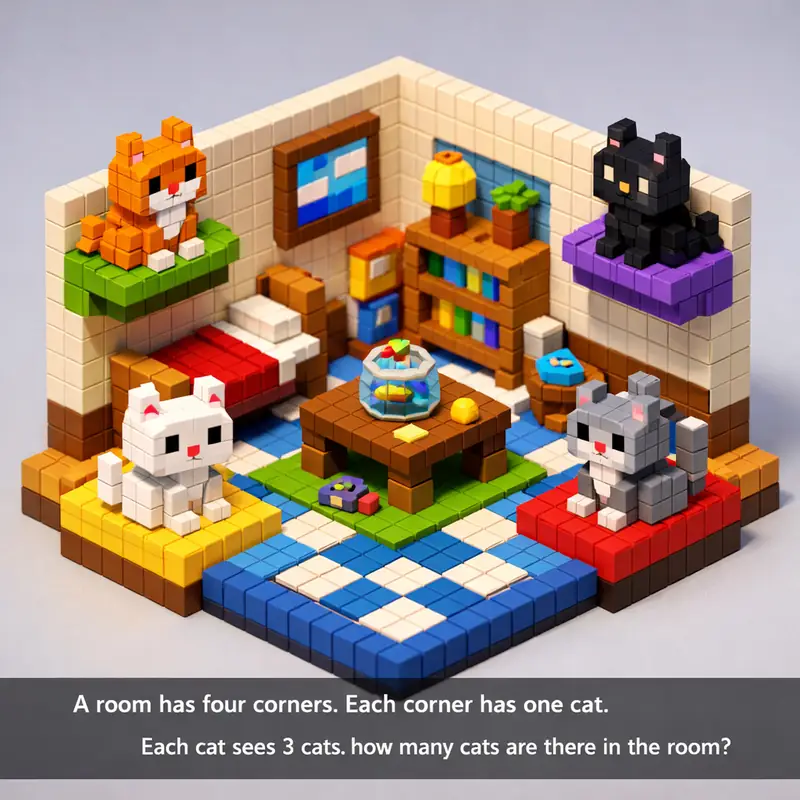 Illustration for riddle: A room has four corners. Each corner has one cat. Each cat sees 3 cats. how many cats are there in t