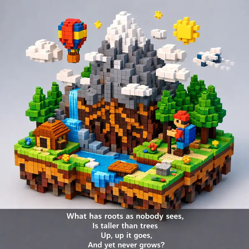 What has roots as nobody sees,
Is taller than trees
Up, up it goes,
And yet neve...