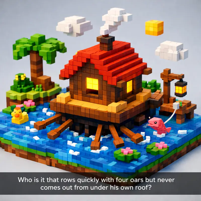 Illustration for riddle: Who is it that rows quickly with four oars but never comes out from under his own roof?