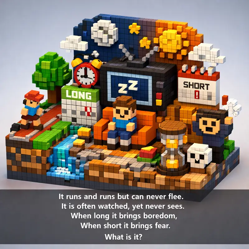 Illustration for riddle: It runs and runs but can never flee.
It is often watched, yet never sees.
When long it brings bore