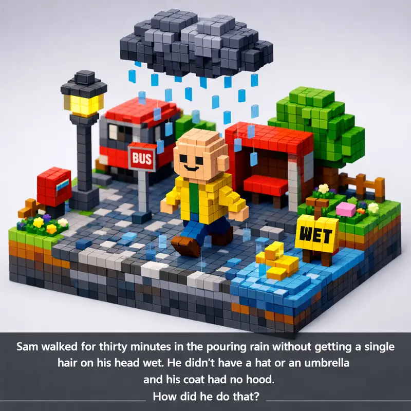 Illustration for riddle: Sam walked for thirty minutes in the pouring rain without getting a single hair on his head wet. He