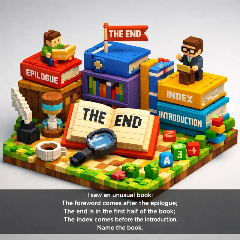 Illustration for riddle: I saw an unusual book:
The foreword comes after the epilogue;
The end is in the first half of the bo