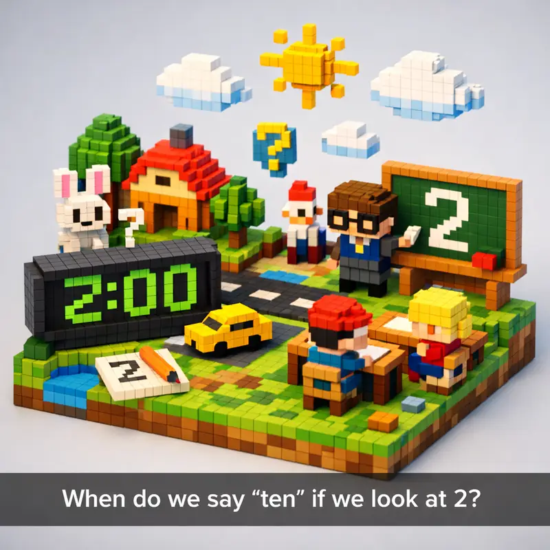 Illustration for riddle: When do we say "ten" if we look at 2?