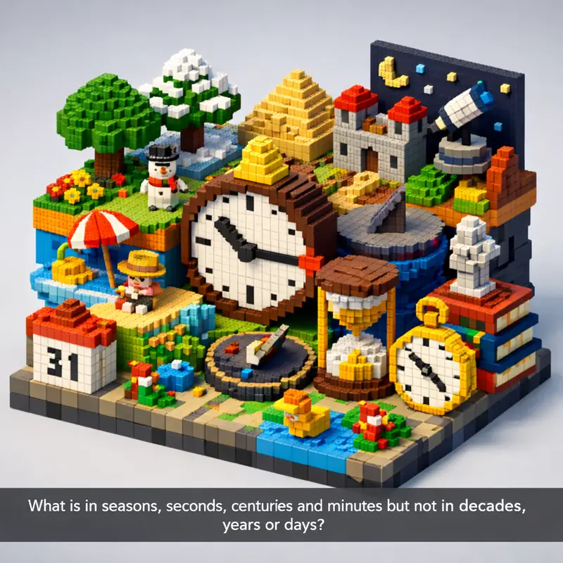 Illustration for riddle: What is in seasons, seconds, centuries and minutes but not in decades, years or days?