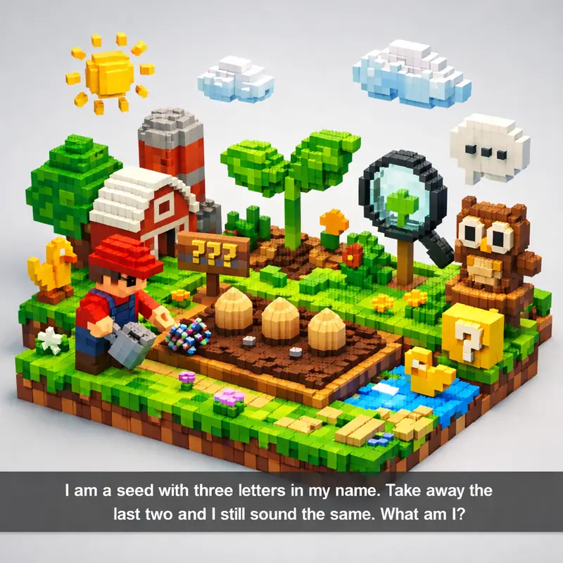 Illustration for riddle: I am a seed with three letters in my name. Take away the last two and I still sound the same. What a