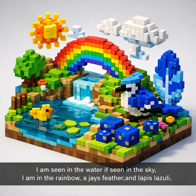I am seen in the water if seen in the sky,
I am in the rainbow, a jays feather,a...