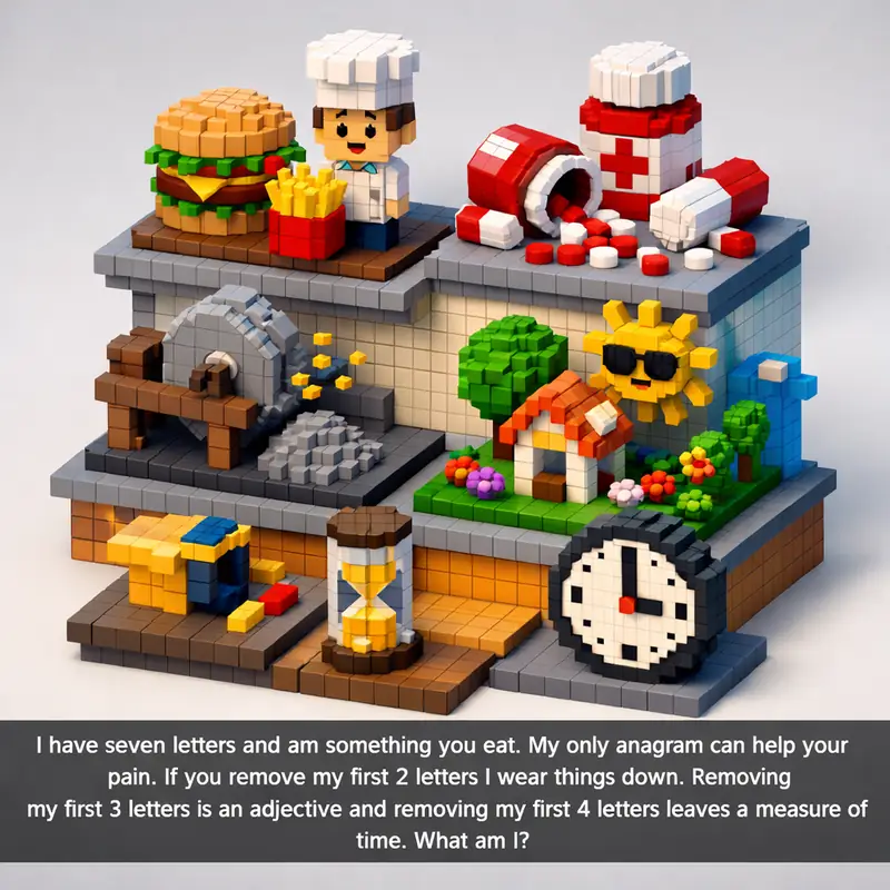 Illustration for riddle: I have seven letters and am something you eat. My only anagram can help your pain. If you remove my