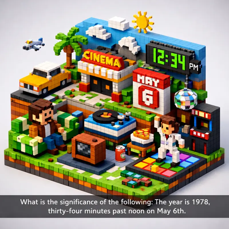 Illustration for riddle: What is the significance of the following: The year is 1978, thirty-four minutes past noon on May 6t