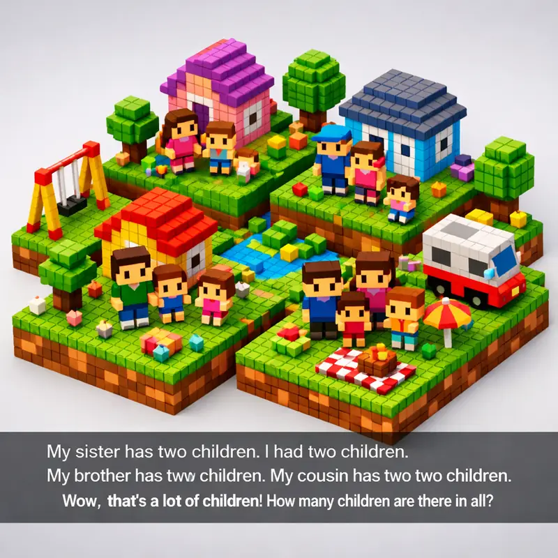 Illustration for riddle: My sister has two children. I had two children. My brother has two children. My cousin has two child