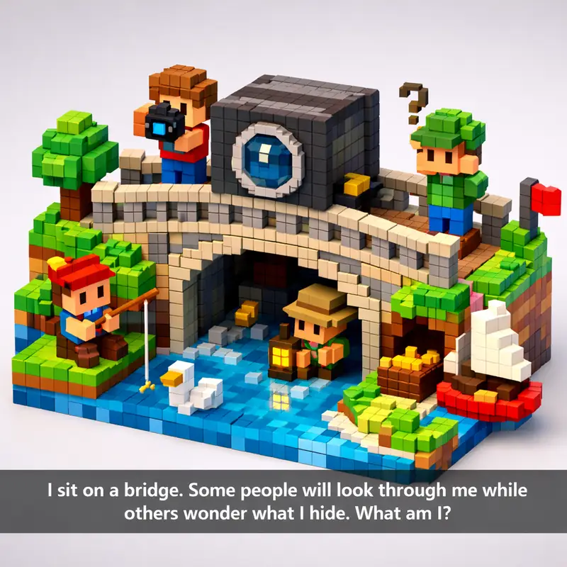 Illustration for riddle: I sit on a bridge. Some people will look through me while others wonder what I hide. What am I?