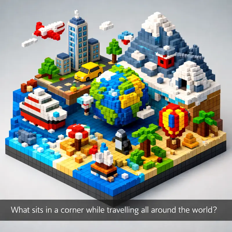 Illustration for riddle: What sits in a corner while travelling all around the world?