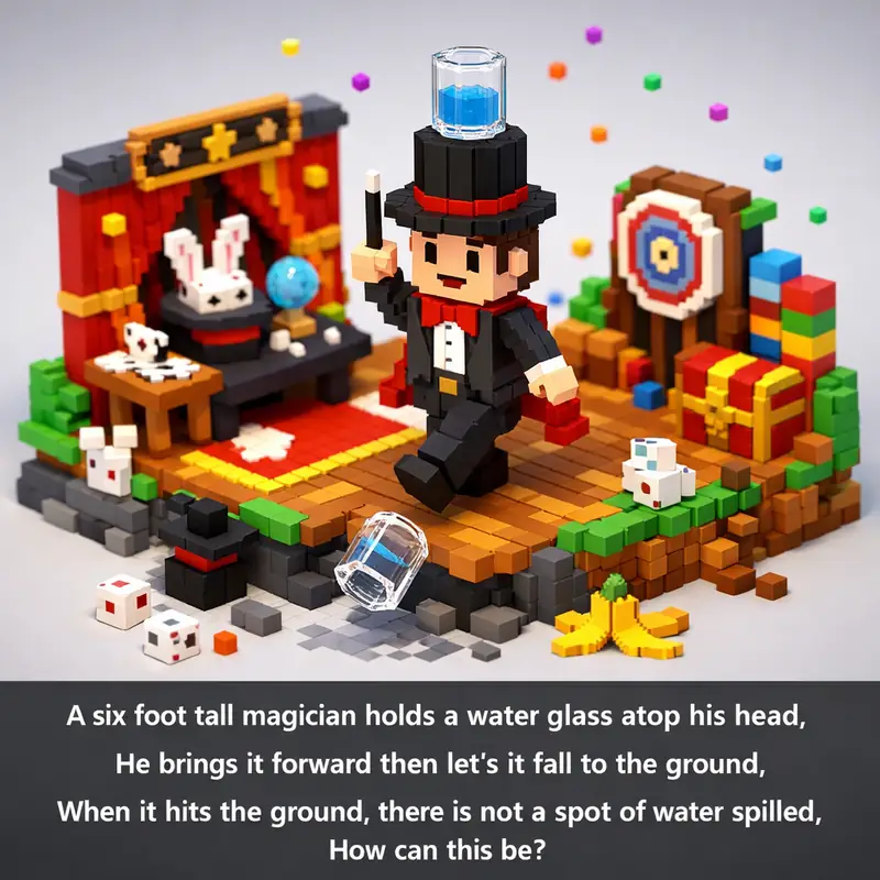 A six foot tall magician holds a water glass atop his head,
He brings it forwar...