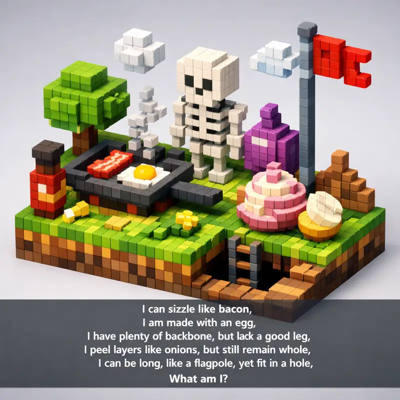 Illustration for riddle: I can sizzle like bacon,
I am made with an egg,
I have plenty of backbone, but lack a good leg,
I