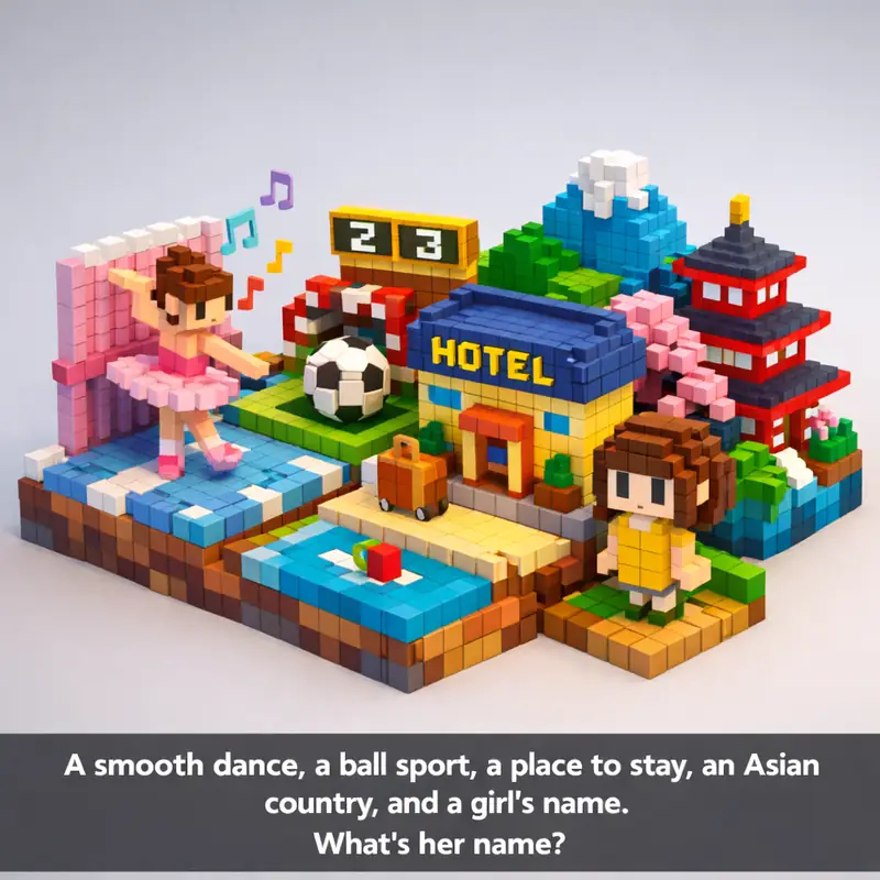 Illustration for riddle: A smooth dance, a ball sport, a place to stay, an Asian country, and a girl's name.
What's her name
