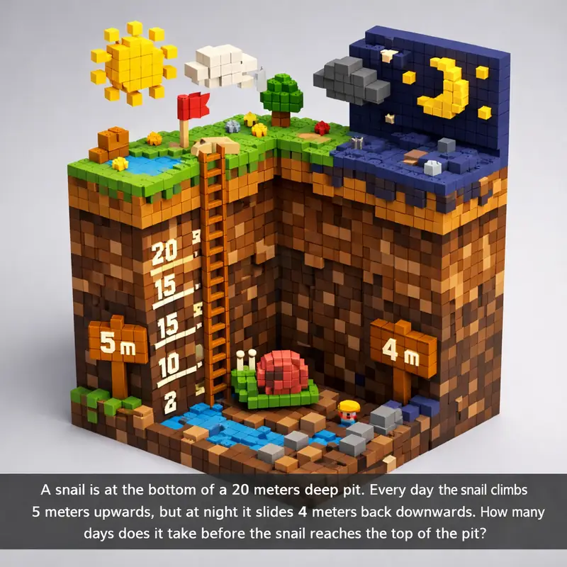 Illustration for riddle: A snail is at the bottom of a 20 meters deep pit. Every day the snail climbs 5 meters upwards, but a