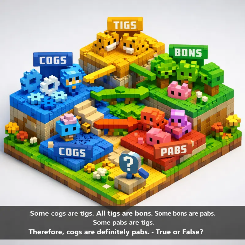 Illustration for riddle: Some cogs are tigs.
All tigs are bons.
Some bons are pabs.
Some pabs are tigs.
Therefore, cogs are