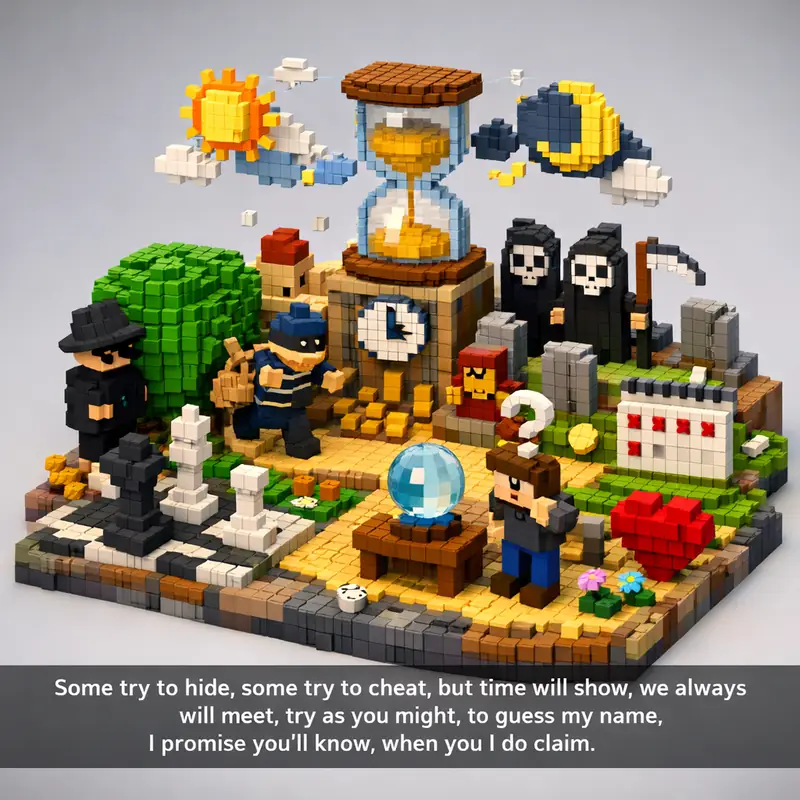 Illustration for riddle: Some try to hide, some try to cheat, but time will show, we always will meet, try as you might, to g