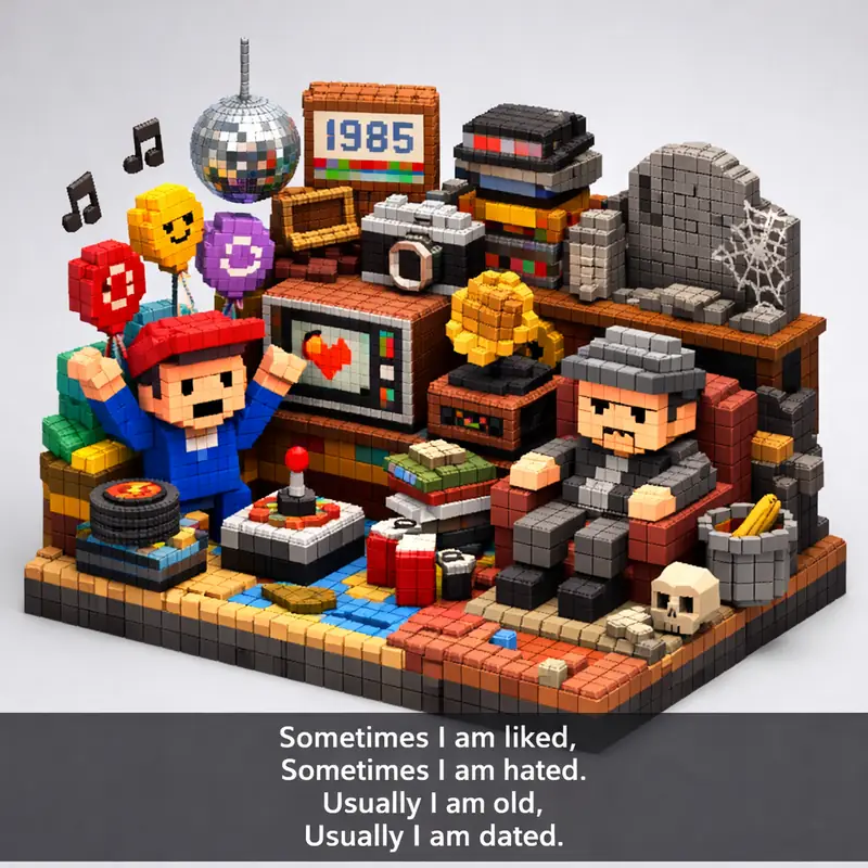 Illustration for riddle: Sometimes I am liked,
Sometimes I am hated.
Usually I am old,
Usually I am dated.