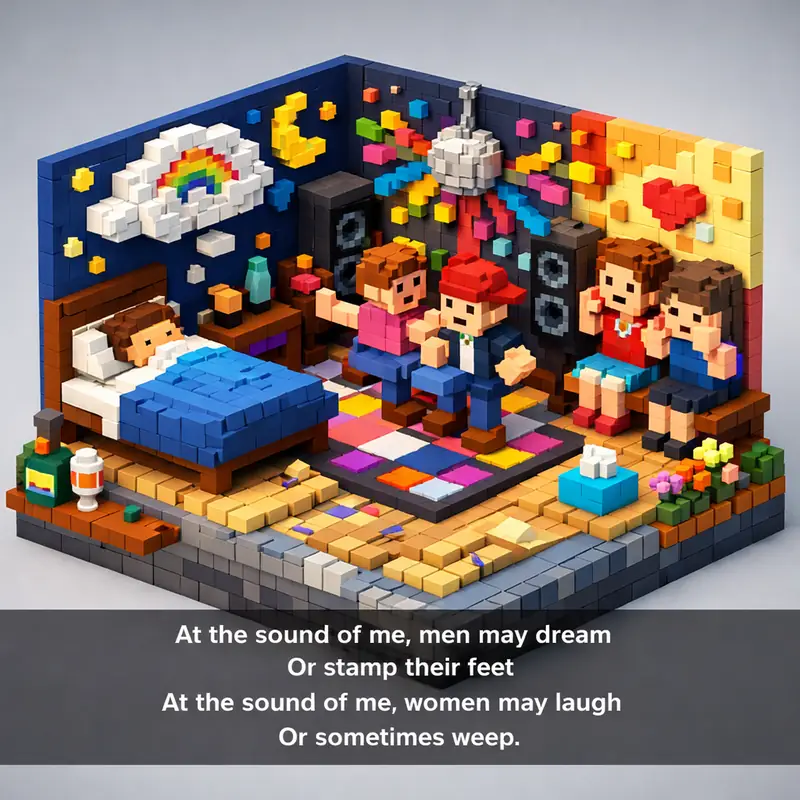 Illustration for riddle: At the sound of me, men may dream
Or stamp their feet
At the sound of me, women may laugh
Or sometim