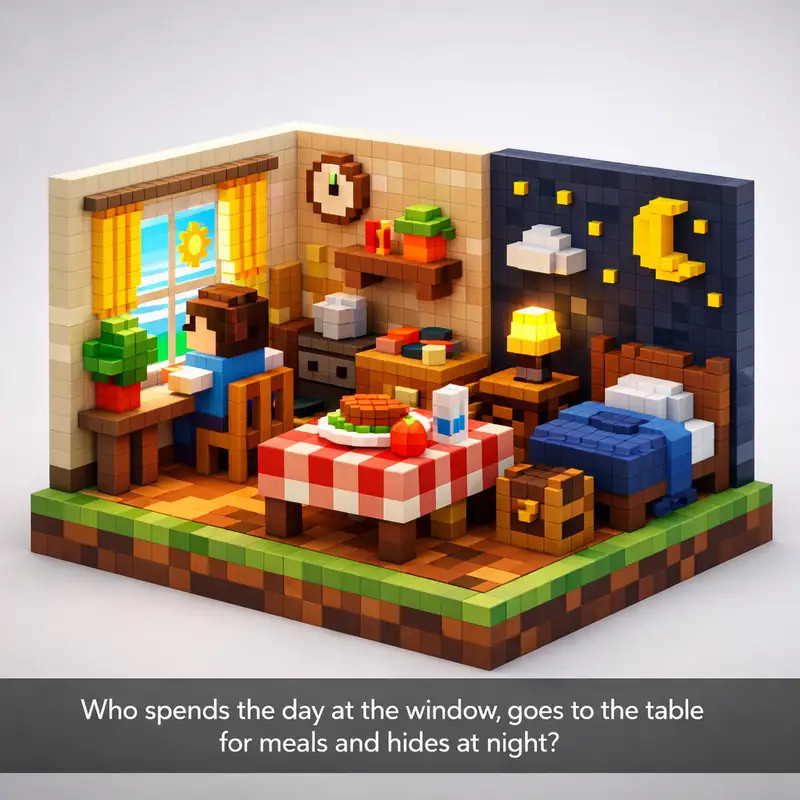 Who spends the day at the window, goes to the table for meals and hides at night...